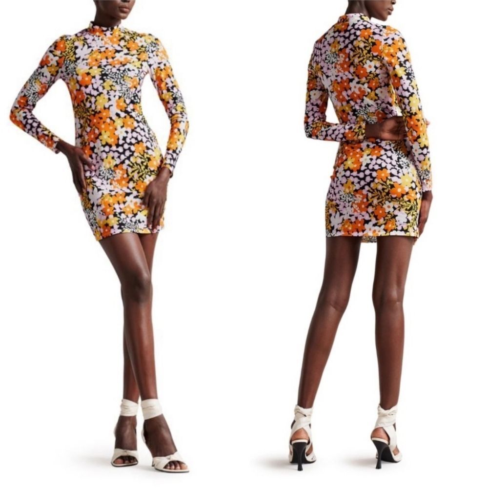 Ted Baker Delilah Bodycon Printed Dress‎ Floral Long Sleeve Mock Neck Size 6